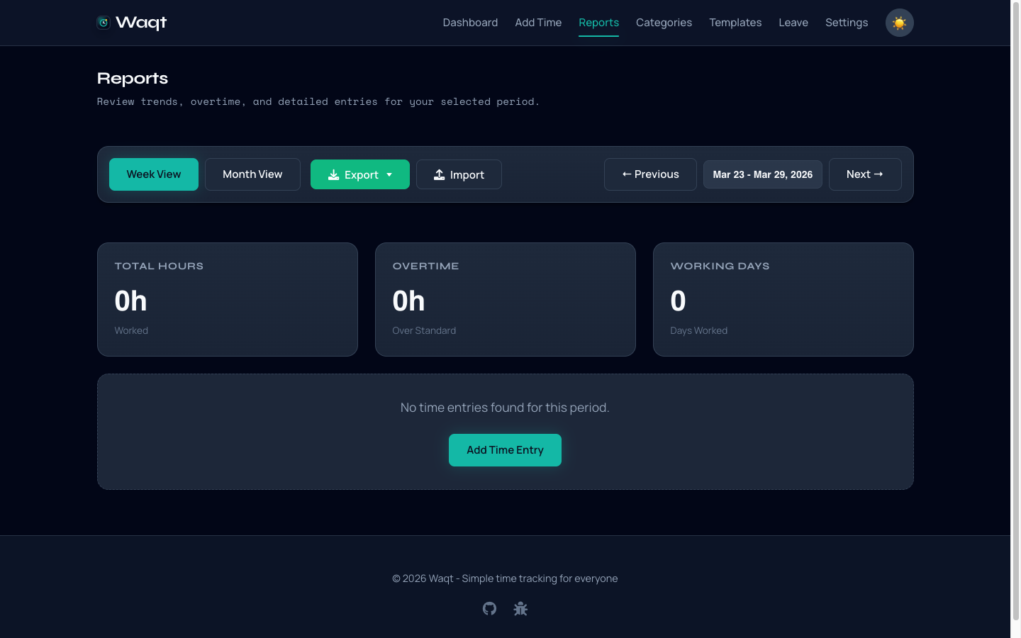 Waqt reporting view with weekly and monthly summaries, overtime totals, and leave impact.